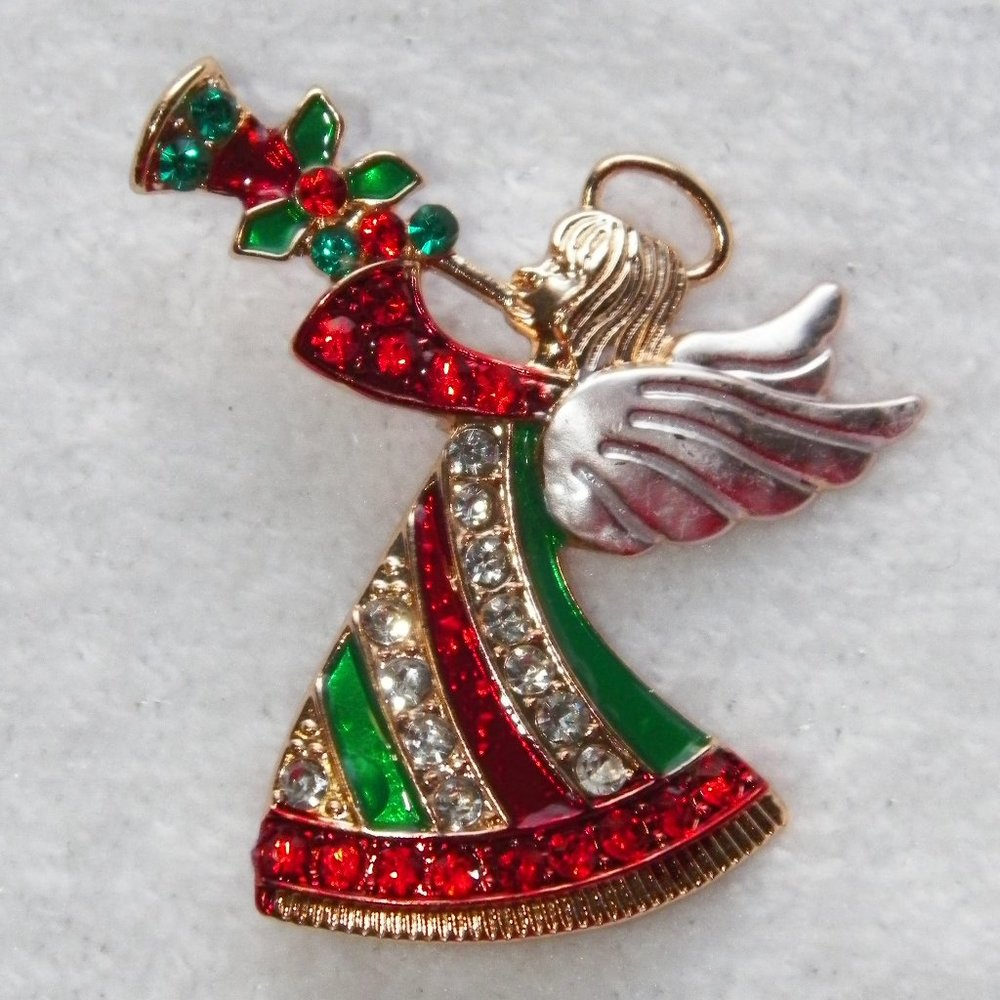 Gold Christmas Angel with Horn Brooch